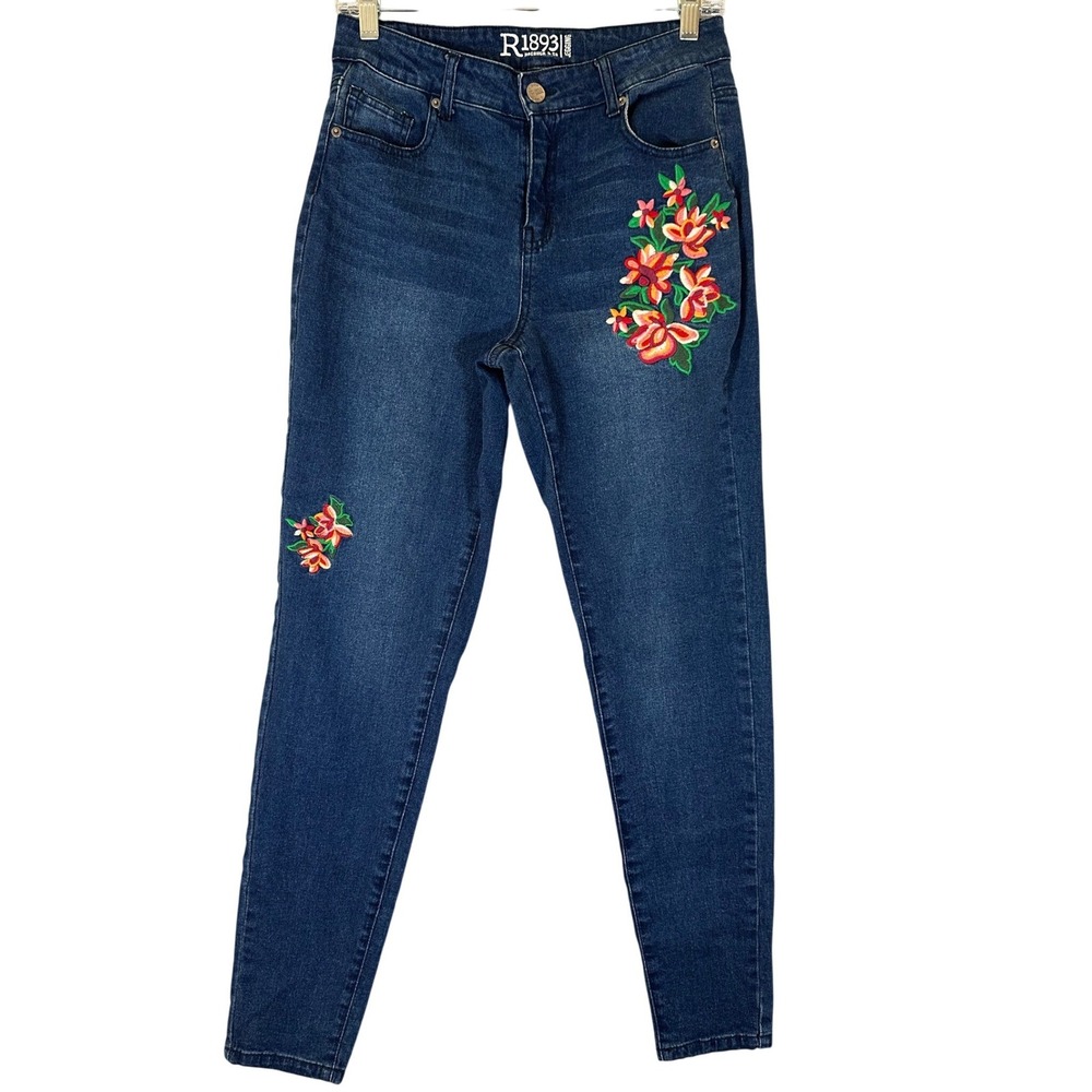 R1893 Roebuck & Co Floral Embroidered Skinny Jegging Sz 6 Dark Wash Boho Cottage